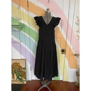 Mill Resort Travel Black Cotton Midi Dress Ruffle Sleeve V Neck S